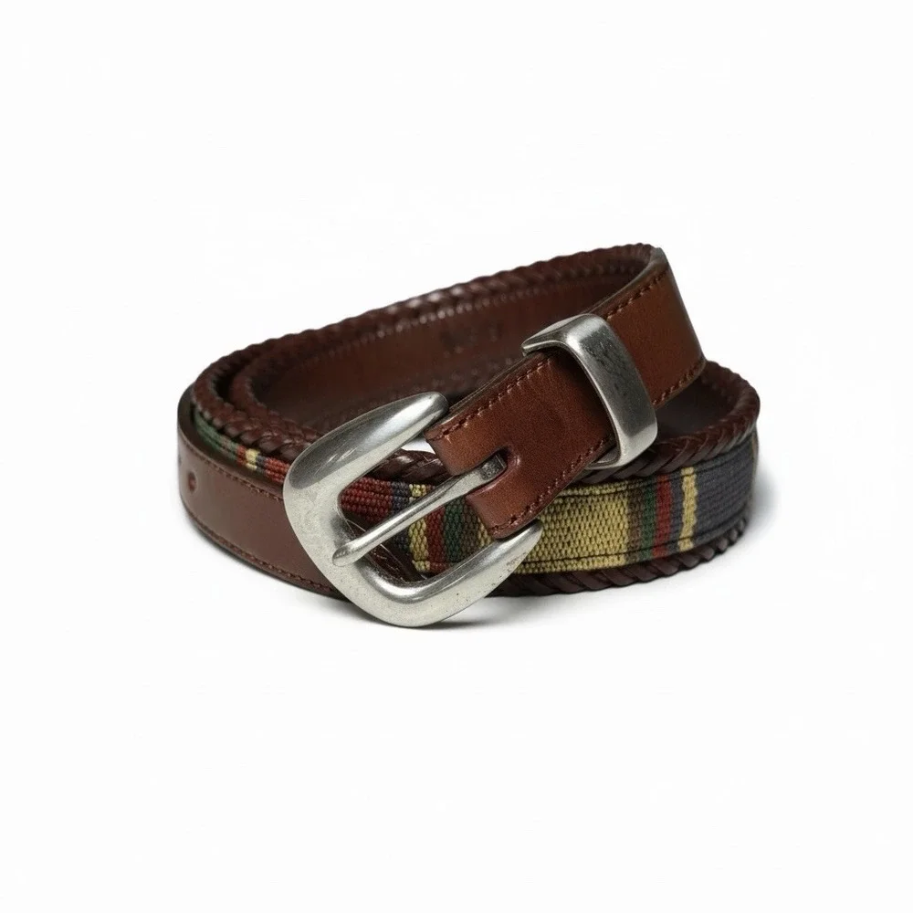 Brighton‎ Santos Fabric Braided Edge Western Leather Belt Silver Buckle Size 32
